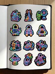 54 Stücke Cooles Neon-Umriss-Weltraum-Sticker-Set, bedruckte leuchtende Linien Astronaut Alien UFO Planet Ästhetik Aufkleber, wasserfeste Vinyl-Sticker für Teenager Jungen Notizbuch Tasse Sammelalbum Laptop Handyhülle Weltraum-Liebhaber Geschenk Dekoration - Mehrfarbig - Übersicht 8