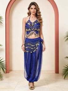 Belly Dance Embroidered Coin Fringe Halter Crop Top With Waist Scarf, Sequin Panel Chiffon Harem Pants For Arabian Themed Party & Stage Performance - Multicolor - View 4