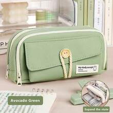 Minimalist Button Flap Pencil Case, Rectangular Multi-Layer Flap Design, Solid Color Minimalist Button Tie Strap With Small Label, Soft Macaron Color Palette In Pink, Green, White, Blue, Dual Zipper Multi-Layer Compartments, Button Tie Anti-Drop Stationery Storage, Pencil Box, Essential Classroom Supplies For Teachers - Multiple Styles - View 9