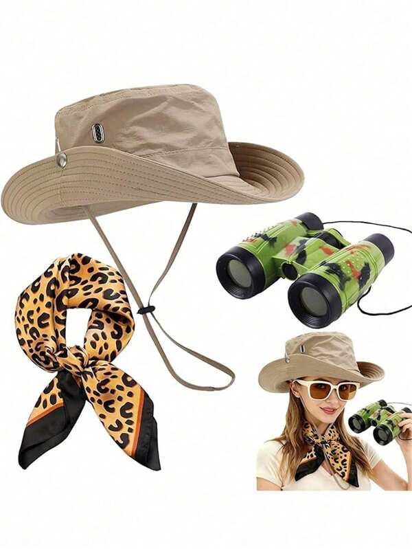 3pcs Women's Safari Costume Set, Zoo Keeper Outfit For Adults, Includes Safari Hat Set Accessories, Leopard Print Scarf, Binoculars, Suitable For Carnival Party, Women's Gift,Halloween