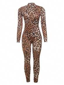 SYchuan Women's Leopard Print Unitard Jumpsuit, Semi-Sheer High Stretch Long Sleeve Stand Collar Bodycon Knitted Fabric, Stylish And , Perfect For A Bold Look - Multicolor - View 6
