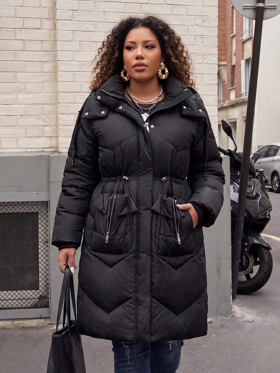 Astrid Plus Size Winter Casual Solid Color Drawstring Hooded Jacket - Black - View 1
