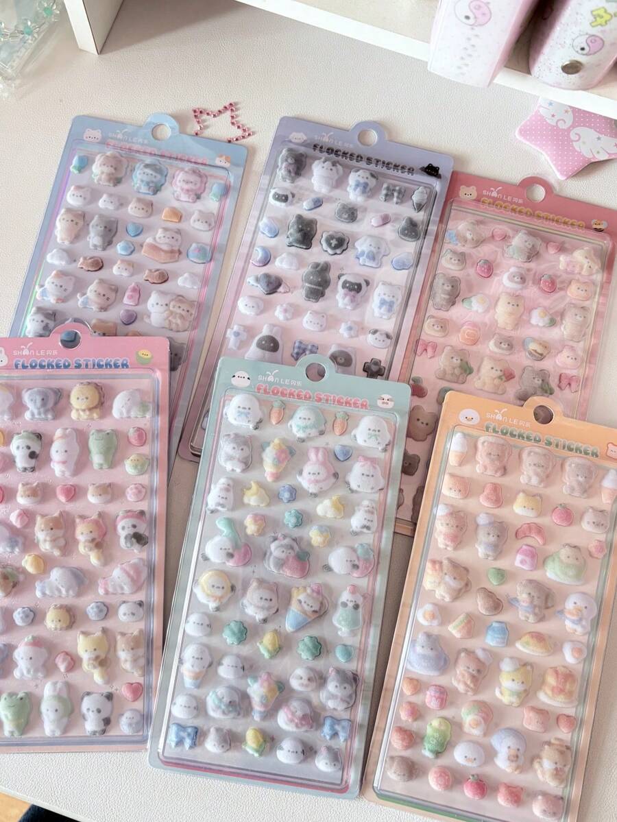 Kawaii 3D Relief Fluffy Animal Flocked Stickers For Scrapbooking Cute Phone Case Decoration Sticker School Stationery Supplies - Color - View 1