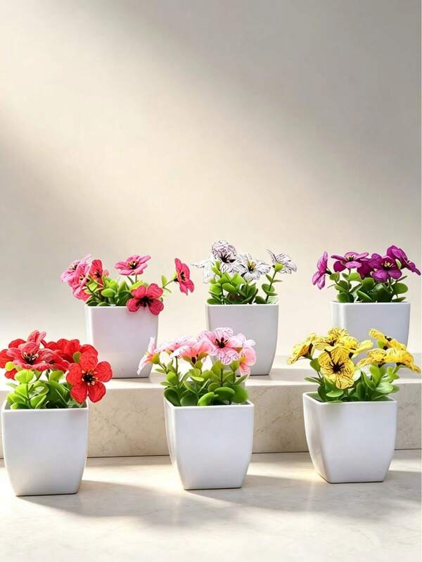 Juego de 6 piezas de plantas artificiales en maceta mini - Bonsái de plástico falso adecuado para escritorio de oficina en casa, flores, decoración de habitación, flor, flor artificial, flores falsas, decoración de vegetación exterior, perfecto para el Día del Padre, Día de la Madre, graduación, regalos de recuperación y diversas ocasiones de decoración del Día de San Valentín