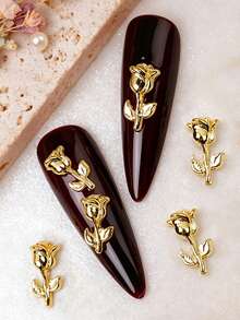 6-Grid 36pcs Luxury Metal Tulip & Rose Nail Art Charms, DIY Press-On Nail Accessories, Korean & Japanese Fashion Versatile Metal 3D Nail Decor, Y2K Vintage Floral Nail Art Charms - Gold - View 6