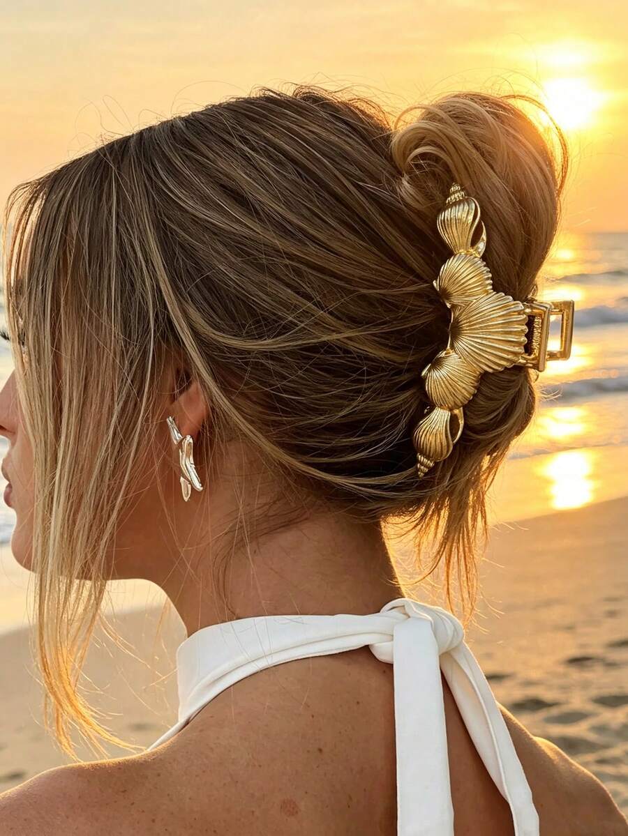 1pc Fashionable Bohemian Ocean Element Seashell Hair Claw Clip Women's Hair Accessory Suitable For Daily Wear And Gift For Friends - Gold - View 1