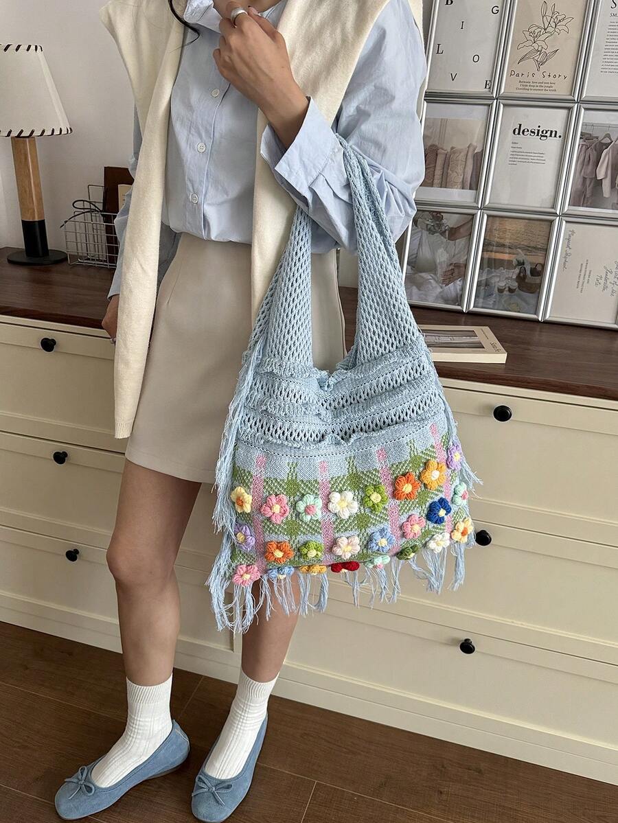 1件撞色魚形大容量單肩托特包,時尚鉤編包,海灘度假波希米亞風,女款日常搭配使用 - 淺藍色 - 查看 1
