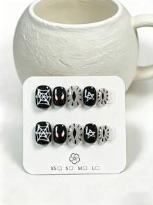 10pcs Handmade Press-On False Nails, Short Square Round Shape, Halloween Eve Y2K Baddie Style, Hand-Painted Spider Web + Red Spider Eye + Silver Glitter Leopard Print Vertical Eye, Unique Niche Design For Girls, Suitable For Halloween Outfit And Daily Wear, Includes Tool Kit - Black - View 2