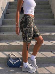 Women's Loose Straight Leg Camouflage Y2K Multi-Pocket Denim Shorts Casual Vacation Summer - Khaki - View 4
