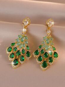 1 Pair Gorgeous Gradient Green Zirconia Peacock Tail Shaped Long Pendant Earrings, Eye-Catching Jewelry, Suitable For Banquet, Wedding, Party, Ball And Birthday Gift - Green - View 9