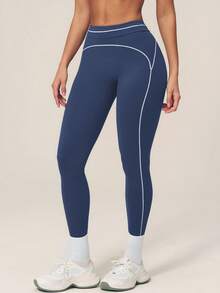 TimeOff Pantalones deportivos largos cortos de cintura alta con control de abdomen y decoración de línea blanca en bloques de color para mujer, 1 pieza - Azul Marino - Ver 7