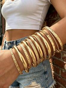 11/7/4pcs Vintage Casual Heart Engraved Metal Gold Bracelet Set For Women, Suitable For All Seasons, Daily Commute, Beach Vacation, Party, Gift - Gold - View 6