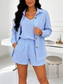 Women's 3-Piece Summer Set Shirt, Minimalist Vacation PJ Set Elegant - Sky Blue - View 5
