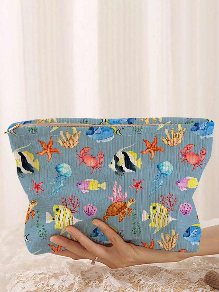1pc Portable Cosmetic Storage Bag Turtle Shell Ocean Element Pattern Double-Sided Print Travel Zipper Makeup Bag Multi-Function Toiletries Organizer - Multicolor - View 1