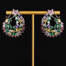 1 Pair Women's Fashion Earrings, Minimalist | Personalized | Oval Flower Dangle Earrings, C-Shaped, Inlaid With Colorful Zirconia, Women's Fashion Earrings, Ear Jewelry, Gift - Colorful - View 1