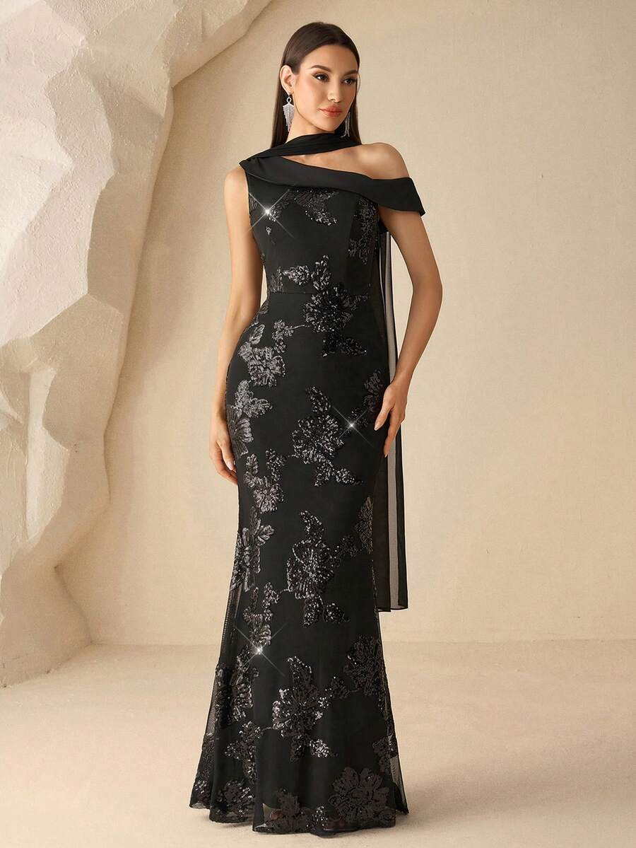 XUCTHHC Elegant One Shoulder Black Flower Sequin Mermaid Formal Evening Gown, For Wedding,Birthday,Prom,Graduation, Festivals, Fall/Winter - Black - View 1