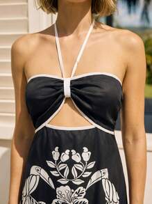 CAJUNI Casual Vacation Sexy Tie-Up Halter Slit Hollow Out Long Dress For Women Elegant - Multicolor - View 6