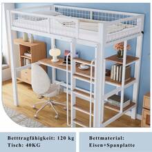 Bed Frame With Shelves And Table - Suitable For Children And Teenagers - Natural and White - 查看 6