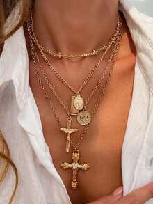 4pcs Vintage Cross Pendant Collarbone Chain Fashion Multi-Layer Stackable Necklace For Women - Gold - View 2