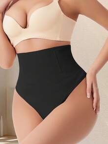 Plus Size High Waist Tummy Control Shaping Thong Panties, High Compression Firming Underwear, Flat Belly, Butt Lift And Shaping Women's Panties - Black - View 6