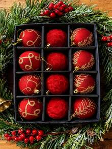 12pcs Burgundy Flocked Christmas Balls, Flocked Christmas Tree Hanging Ornaments, Suitable For Decorating Christmas Tree And Various Holiday Arrangements, Christmas Decorative Balls - Multicolor - View 9