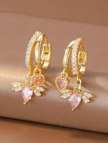 1 Pair Sweet Cool Pink Zirconia Heart Teardrop Wing Double Pendant Double Layer Earrings, Suitable For Women's Spring Date And Daily Wear - Wing - View 5