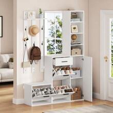 Hall Tree For Entryway, Including Shoe Cabinet, Mirror, And Coat Hooks - 白色 - 查看 6