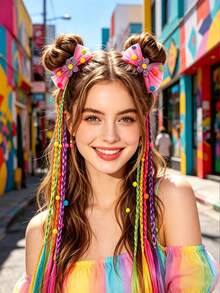2PCS Mesh Bow Elastic Ties Colorful Ponytail Hair Scrunchies, Sweet Hair Ties, Braided Hair Bands Dreadlocks1 Beads Random Color, Girls Gift Kids - Multicolor - View 2