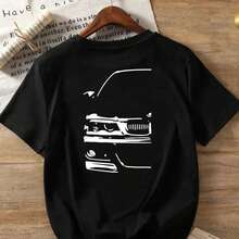 Double Floral Print, Short-Sleeved T-Shirt With Front And Back Prints, Retro Car, Classic Vintage Car Print Round Neck Women'S Casual Short-Sleeved To - Black - View 1
