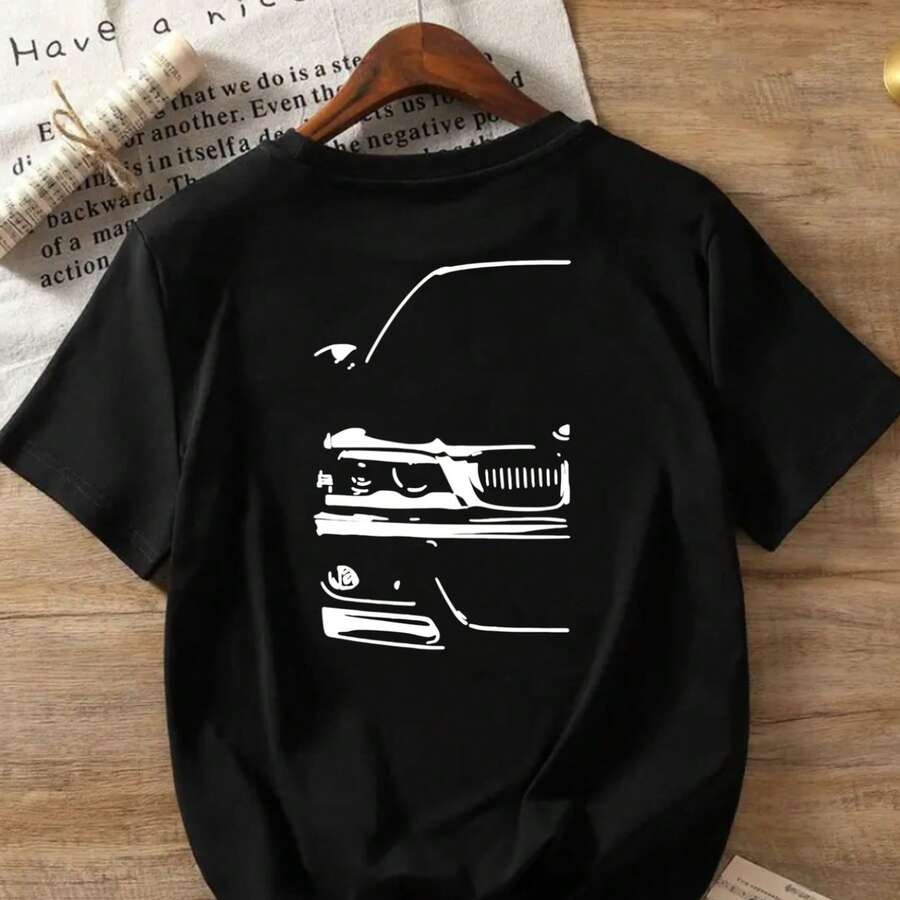 Double Floral Print, Short-Sleeved T-Shirt With Front And Back Prints, Retro Car, Classic Vintage Car Print Round Neck Women'S Casual Short-Sleeved To - Black - View 1