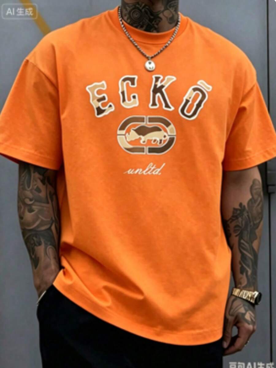 The Iconic ECKO Unltd Graphic Features A Bold Rhino Emblem With Urban Camouflage Lettering Symbolizing Strength Individuality Urban Culture 220g - 橘色 - 查看 1