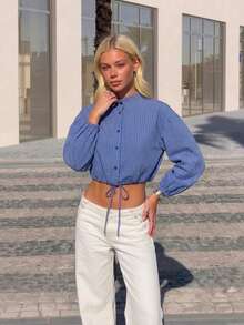 Elegant Casual American Vintage Blue Small Checkered Stand Collar Button-Down Tie Hem Short Lantern Sleeve Blouse - Blue - View 5