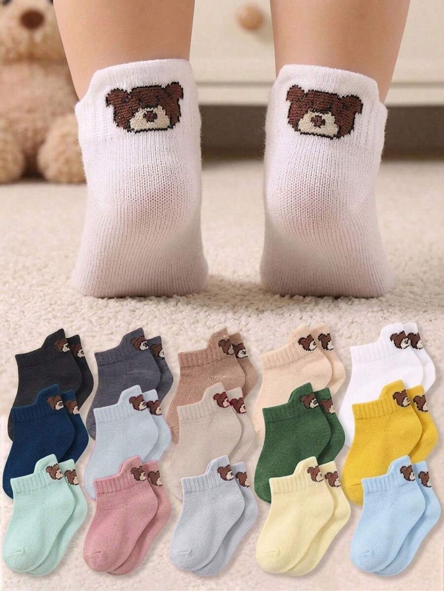 10 Pairs Random Color Baby Socks, With Heel, High-Top Design, Cute Bear Pattern, Suitable For 0-3 Years Old Babies, Unisex, Non-Slip, Animal Pattern, Comfortable And Breathable, No Tightness, Suitable For Daily Wear, 0-36 Months Babies, All Seasons, Indoor And Outdoor Wear, Baby Socks, Newborn Socks, Toddler Socks, Non-Slip Socks, Non-Slip Socks, Newborn Gift, Christmas Gift, Newborn Essentials - Multicolor - View 1