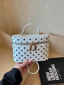 Bolso de cosméticos vintage con lunares, caja pequeña, bolso de almacenamiento cuadrado de mano exquisito, bolso de hombro y bandolera versátil con textura para mujer - Blanco - Ver 2