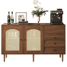 Rustic Style Sideboard With Wicker Doors – 130 X 40 X 75.5cm – Adjustable Shelves – Magnetic Closure - 棕色 - 查看 1