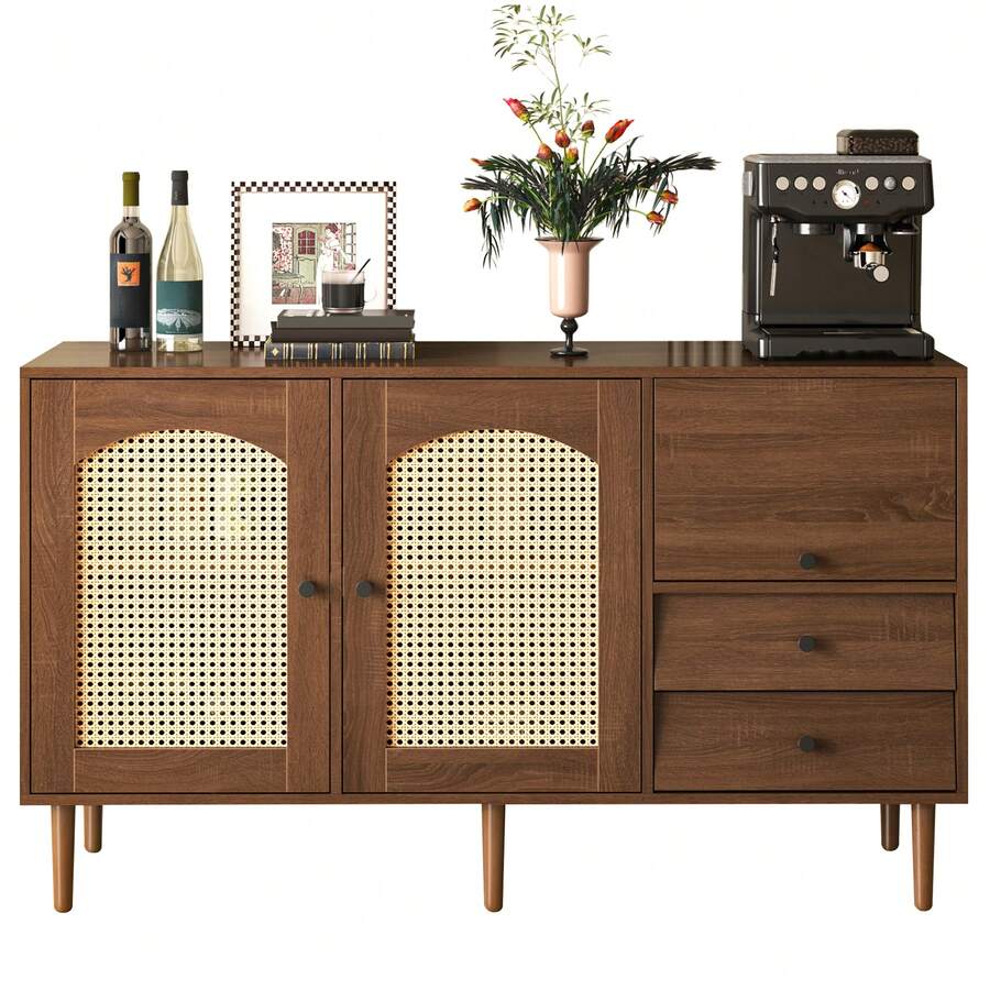 Rustic Style Sideboard With Wicker Doors – 130 X 40 X 75.5cm – Adjustable Shelves – Magnetic Closure - 棕色 - 查看 1