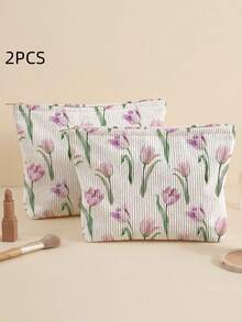 1件雙面隨機印花燈芯絨拉鍊化妝包，盥洗包，大容量內襯收納袋，適合旅行、學校和女孩日常使用 - 彩色 - 查看 14