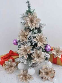 6/12/18/24pcs Artificial Christmas Flowers, Shiny Christmas Flowers, Suitable For Home, Wedding, Party, Christmas Tree Wreath DIY Holiday Decoration - Champagne Christmas Flower Head - View 4