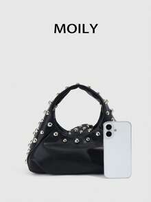 Bolso de mano y de hombro para mujer estilo Y2K Punk con diseño de remaches, cierre de cremallera, material de PU - Negro - Ver 3