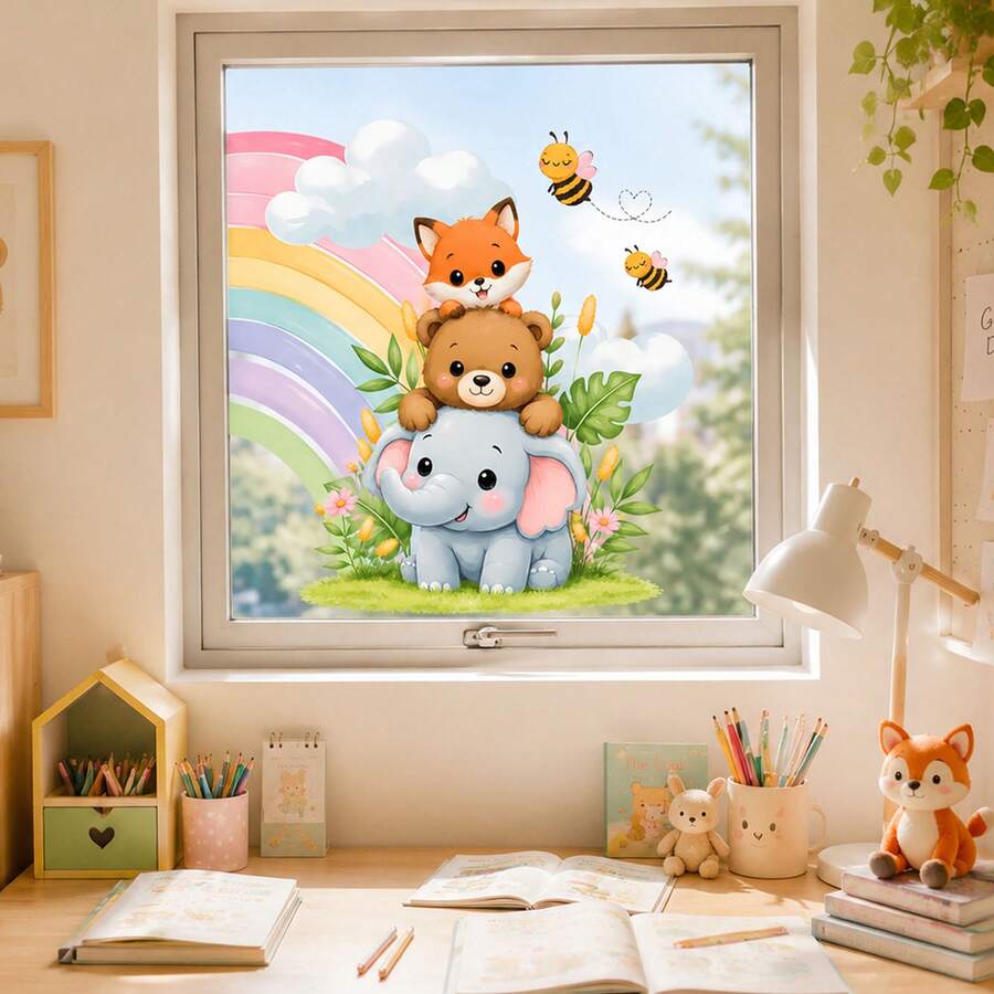 Static Cling Rainbow Animal Window Stickers, Cute Elephant Rabbit Deer Wall Decals, Double Sided Removable Window Glass Film, Cute Cartoon Bedroom Living Room Classroom Balcony Decoration - Animal Window Decals - View 1