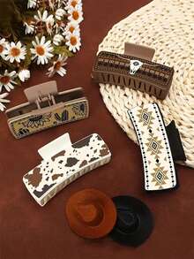 4pcs Western Cowboy Style Bull Head Cactus PU Leather Women's Hair Clips, Bull Head Square Claw Clips With Print, Women's Hair Accessories - Multicolor - View 2