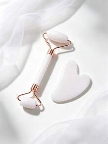 1pc Pink Natural Rose Quartz Facial Roller & Gua Sha Set, Elegant Style Crystal Heart-Shaped With Metal Frame Detail, Facial Massage Function Face Massager Tool, For Skincare Routine Home Spa Daily Use All Season Beauty Gift - Multicolor - View 2