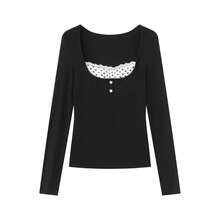 Polka Dot Lace Patchwork Long Sleeve T-Shirt, Elastic Slim Fit Flattering Elegant Fashion Inner Layer Base Top Black - Black - View 7