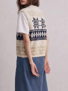 Cardigan Vest Wanita Motif Vintage Musim Gugur Kerah V Campuran Wol - Navy Blue - View 2
