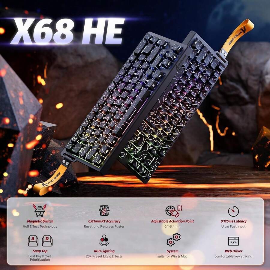 ATTACK SHARK X68 HE 8000Hz Rapid Trigger Keyboard, 0.01mm RT Precision Wired Gaming Keyboard With Magnetic Switches, Adjustable Actuation Distance, Rapid Trigger, Snap Tap, RGB Lighting, Compatible With PC