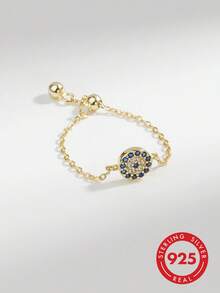 925 Sterling Silver Soft Chain Pull Ring For Women, Minimalist Classic Fashion Blue Eye Evil Eye Design, Elegant Luxury Sweet Hip-Hop Style - Silver - View 1