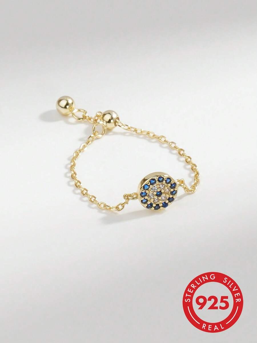 925 Sterling Silver Soft Chain Pull Ring For Women, Minimalist Classic Fashion Blue Eye Evil Eye Design, Elegant Luxury Sweet Hip-Hop Style - Silver - View 1