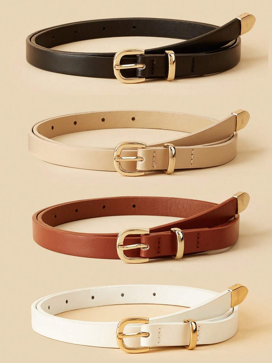 4pcs Women's Gold Buckle Waist Belts, Classic PU Leather Solid Color Vintage Decorative Simple Casual Belts, Suitable For Dresses, Pants, Dating, Party, Daily Wear - Multicolor - View 1