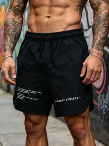 Men's Summer Thin Letter Print Casual Fashion Sports Quick-Dry Shorts - Black - View 4