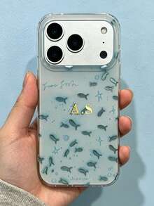 [Customized] Personalized Customized Letters Golden Custom Name Shell Small Fish Pattern Phone Case Compatible With IPhone 17 Pro Max 17 16 15 14 13 12 Pro Max 14 15 16 Plus Shockproof Protective Cover - Blue - View 3